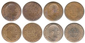 Edward VII, Copper 1/12 Anna (4), 1905, 1907, 1908 and 1910, Calcutta Mint (Prid 820, 823,