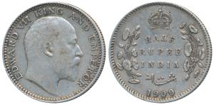 Edward VII, Silver ½ Rupee, 1909, Calcutta Mint (KM 507). About Very Fine, Scarce.