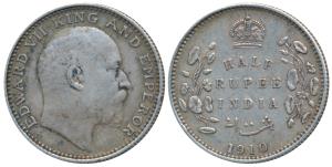 Edward VII, Silver ½ Rupee, 1910, Bombay Mint (KM 507). Very Fine, Scarce.