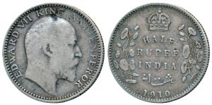 Edward VII, Silver ½ Rupee, 1910, Calcutta Mint, No mint mark, (Prid 314). Very Fine.