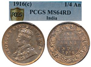 George V, Copper ¼ Anna, 1916, Calcutta Mint (KM 512). Graded by NGC MS64RD, Very Rare in 