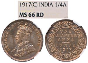 George V, Copper ¼ Anna, 1917, Calcutta Mint (KM 512). Graded by NGC MS66RD, Rare in such 