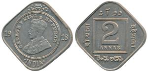 George V, Cupro-Nickel 2 Annas, Calcutta Mint, 1918 (Prid 894). Nice underneath mint luste