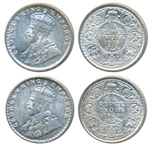 George V, Silver ¼ Rupee (2), 1918, Calcutta Mint; 1925, Bombay Mint (Prid 447 & 458). Unc