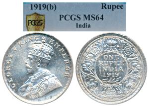 George V, Silver Rupee, 1919, Bombay Mint. Graded by PCGS MS64, Rare in such a high grade.