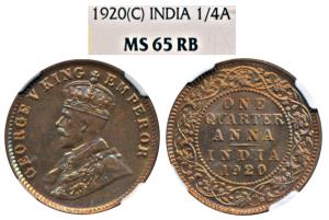 George V, Copper ¼ Anna, 1920, Calcutta Mint (Prid 665). Graded by NGC MS65RB, Spectacular