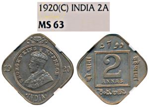 George V, Silver 2 Anna, 1920, Calcutta Mint (KM 516). Graded by NGC MS63.