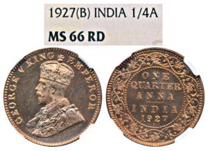 George V, Copper ¼ Anna, 1927, Bombay Mint (KM 512). Graded by NGC MS66RD, Rare in such a 