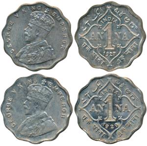 George V, Cupro Nickel Anna, 1927 and 1929, Calcutta Mint (Prid 933 & 935). Uncirculated. 