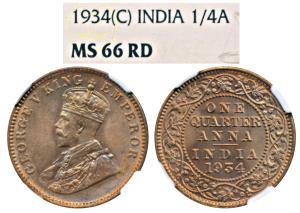 George V, Copper ¼ Anna, 1934, Calcutta Mint (KM 512). Graded by NGC MS66RD, Rare in such 