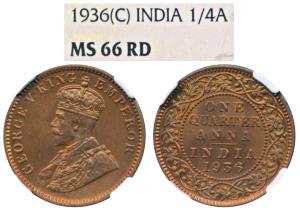George V, Copper ¼ Anna, 1936, Calcutta Mint (KM 512). Graded by NGC MS66RD, Scarce in suc