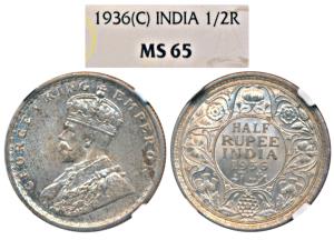George V, Silver ½ Rupee, 1936, Calcutta Mint (Prid 335). Graded by NGC Ms65.