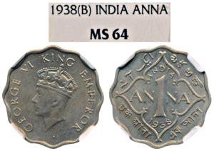 George VI, Cupro-Nickel Anna, 1938, Bombay Mint (KM 536). Graded by NGC MS64, Very Rare in