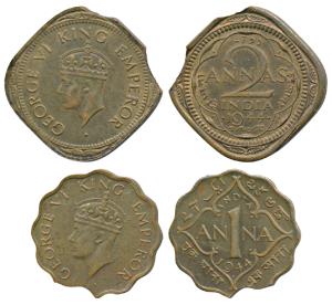 George VI, Nickel-Brass Anna and 2 Annas, 1944, Error, both slightly clipped at the edges.