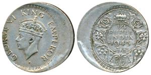 George VI, Half Silver Rupee, 1945, Error, 20% off-center on obv. and rev., at one place t