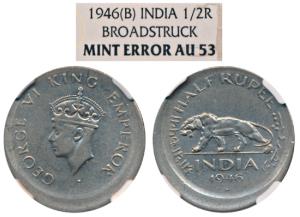 George VI, Cupro-Nickel ½ Rupee, 1946, Error, approximately 15% off-center, due to the str