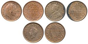 Edward VII, George V and George VI, Copper ¼ Anna (3), 1906, 1913 and 1940, the first two 