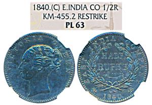 Victoria Queen, Silver Proof Restrike ½ Rupee, 1840, Continuous Legend, Calcutta Mint, Eng