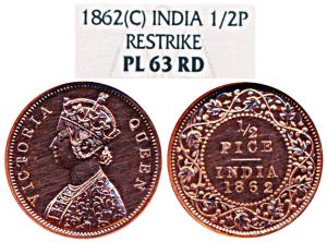 Victoria Queen, Copper Proof Restrike ½ Pice, 1862, Calcutta Mint, A / I, rev. leaves anti