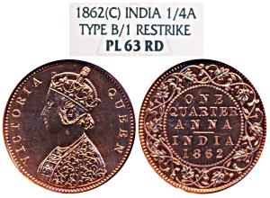 Victoria Queen, Copper Proof Restrike ¼ Anna, 1862, Calcutta Mint, B / I, (SW 4.162 & Prid