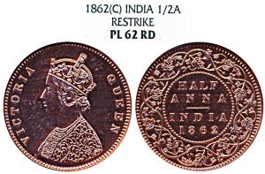 Victoria Queen, Copper Proof Restrike ½ Anna, 1862, Calcutta Mint, B / II, rev flat topped
