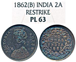 Victoria Queen, Silver Proof Restrike 2 Annas, 1862, Calcutta Mint, Obverse A, Reverse (Pr