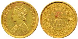 Victoria Queen, Gold Proof Restrike Rupees 10, 1870, Calcutta Mint, C.M. incused in the ce