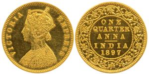 Victoria Empress, Gold Proof Restrike ¼ Anna, 12.75g, 1897, Off Metal Strike in Gold, obv.