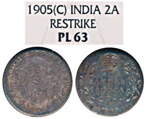 Edward VII, Silver Proof Restrike 2 Annas, 1905, Calcutta Mint (Prid 558). Proof Restrike,