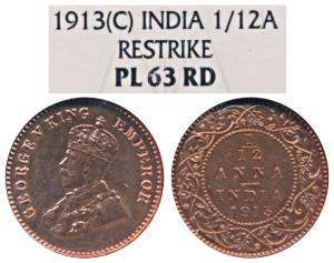 George V, Copper Proof Restrike 1/12 Anna, 1913, Calcutta Mint (Prid 828). Proof Restrike,
