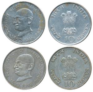 Silver Rupees 10 (2), 1969, Gandhiji Birth Centennial. About Extremely Fine. (2)