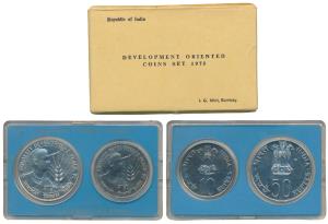 1975 Uncirculated Set, Equality Development and Peace, set of 2, Rupees 10 and 50. In imma