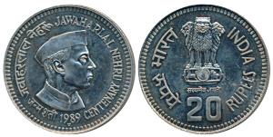 Cupro-Nickel Rupees 20, 1989, Jawaharlal Nehru Birth Centenary. Superb Mint State.