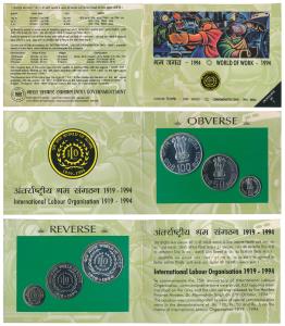 1994 Uncirculated Set, World of work, set of 3, Rupees 5 to 100. In immaculate condition, 