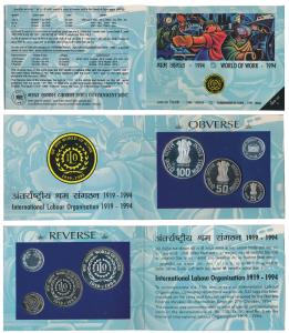 1994 Proof Set, World of work, set of 3, Rupees 5 to 100. In immaculate condition, within 