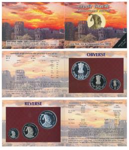 1999 Proof Set, Chhatrapati Shivaji, set of 3, Rupees 2 to 100. In immaculate condition, w