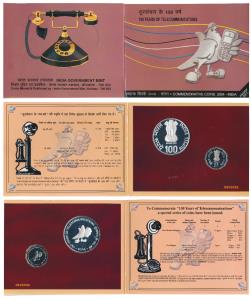 2004 Proof Set, 150 Years of Telecommunications, set of 2, Rupees 2 and 100. In immaculate