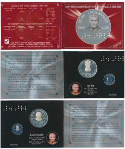 2009 Proof Set, 200th Birth Anniversary of Louis Braille, set of 2, Rupees 2 and 100. In i