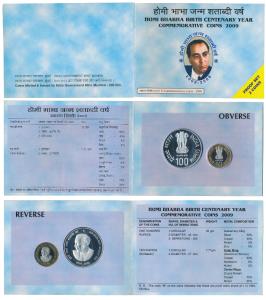 2009 Proof Set, Homi Bhabha Birth Centenary, set of Rupees 10 (bi-metal) and 100. In immac