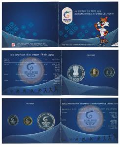 2010 Proof Set, XIX Commonwealth Games Delhi, set of 3, Rupees 2 to Rupees 100. In immacul