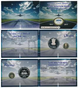 2011 Proof Set, 100 years Civil Aviation India, set of 2, Rupees 5 and 100. In immaculate 