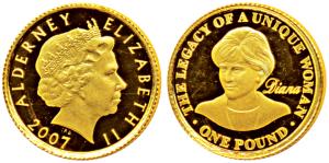 Alderney, Elizabeth II, Gold Pound, 1.24g, 2007, Princess Diana 10th Death Anniversary (KM