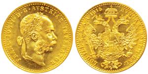 Austria, Franz Joseph I, Trade Coinage, Gold Ducat, 3.5g, 1915 (KM 2267). Brilliant Uncirc