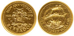 Barbados, Gold $100, 6.21g, 0.50 fineness, 350th Anniversary with coat of arms on obv., 19