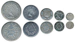 Burma (Myanmar), Set of 5, Silver Rupee, ½ , ¼ , 1/8 and 1/16 Rupee (Kyat, 5 Mu, Mat, Mu a