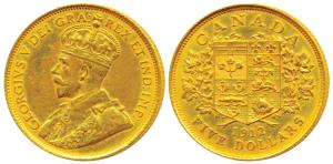 Canada, George V, Gold Dollar 5, 8.35g, 1912, shield, value and date on rev. (KM 26). Abou