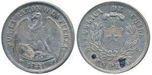 Chile, Silver Peso, 25.05g, obv. plumed arms within wreath, rev. Condor with wings spread 