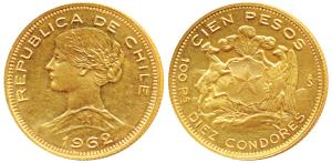 Chile, Gold 100 Pesos, 20.3g, 1962, Santiago Mint, obv. laureate bust of Liberty to left, 