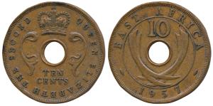 East Africa, Queen Elizabeth II, Copper 10 Cent, 1957, Struck Royal Mint, Unlisted in KM. 