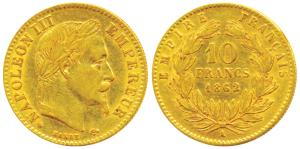 France, Napoleon III, Gold 10 Francs, 3.2g, 1862 A, obv. laureate head, rev. rev. value wi